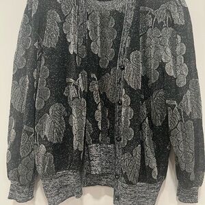 Vintage ST Black and Silver Grape Patterned Women's Cardigan and Shirt Set